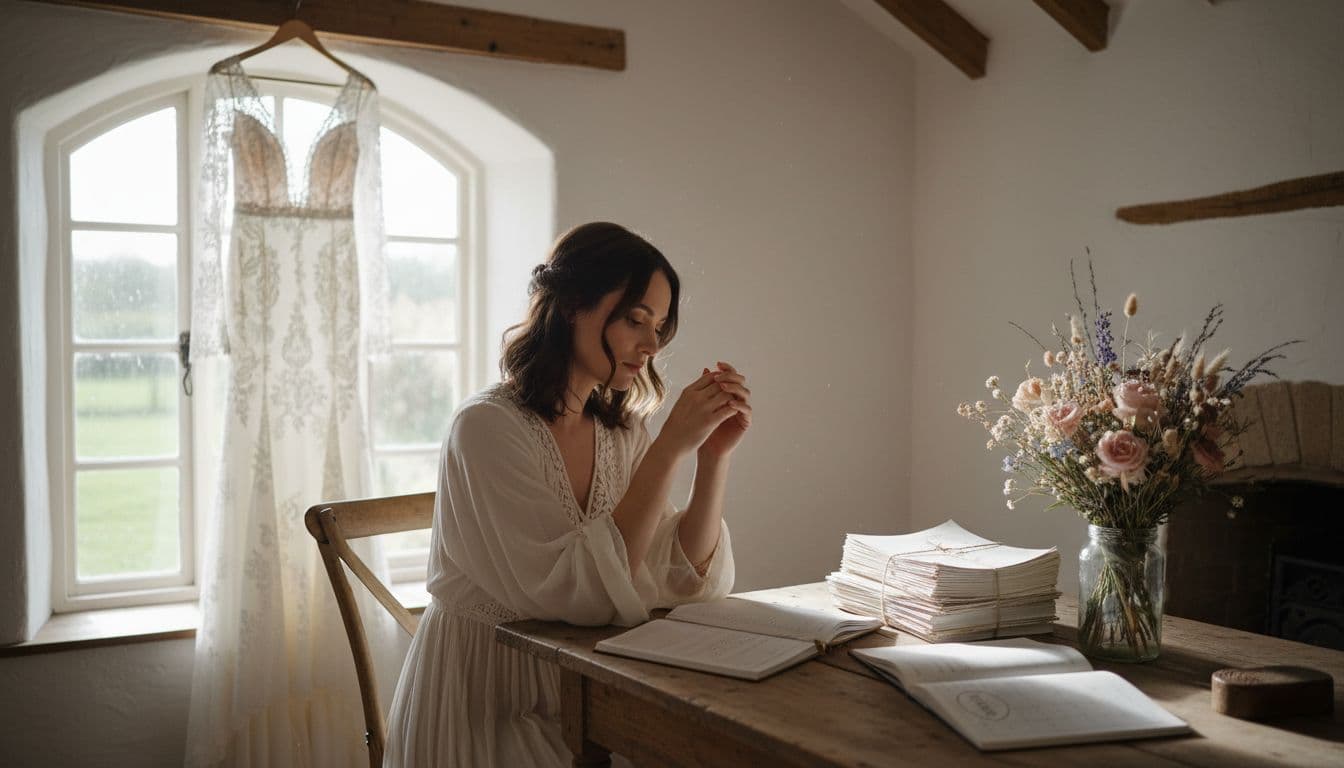 Femme pensive devant des documents de mariage et un calendrier, robe de mariée bohème en arrière-plan, lumière douce