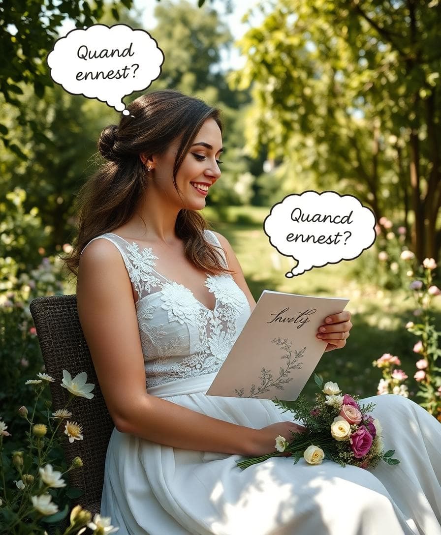 Une scène bohème d'une future mariée française assise dans un jardin fleuri, tenant un faire-part de mariage élégant avec des motifs floraux délicats, l'air pensif avec des bulles de pensées montrant des questions comme "Quand envoyer ?", ambiance sereine et joyeuse, lumière naturelle douce du matin filtrant à travers les arbres, style photographique réaliste avec détails fins sur l'invitation pliée et les fleurs sauvages autour, arrière-plan flou de verdure luxuriante et ciel clair, composition centrée sur la mariée et le faire-part, haute résolution, mood romantique et léger, pas de texte visible dans les bulles ou sur l'image.
