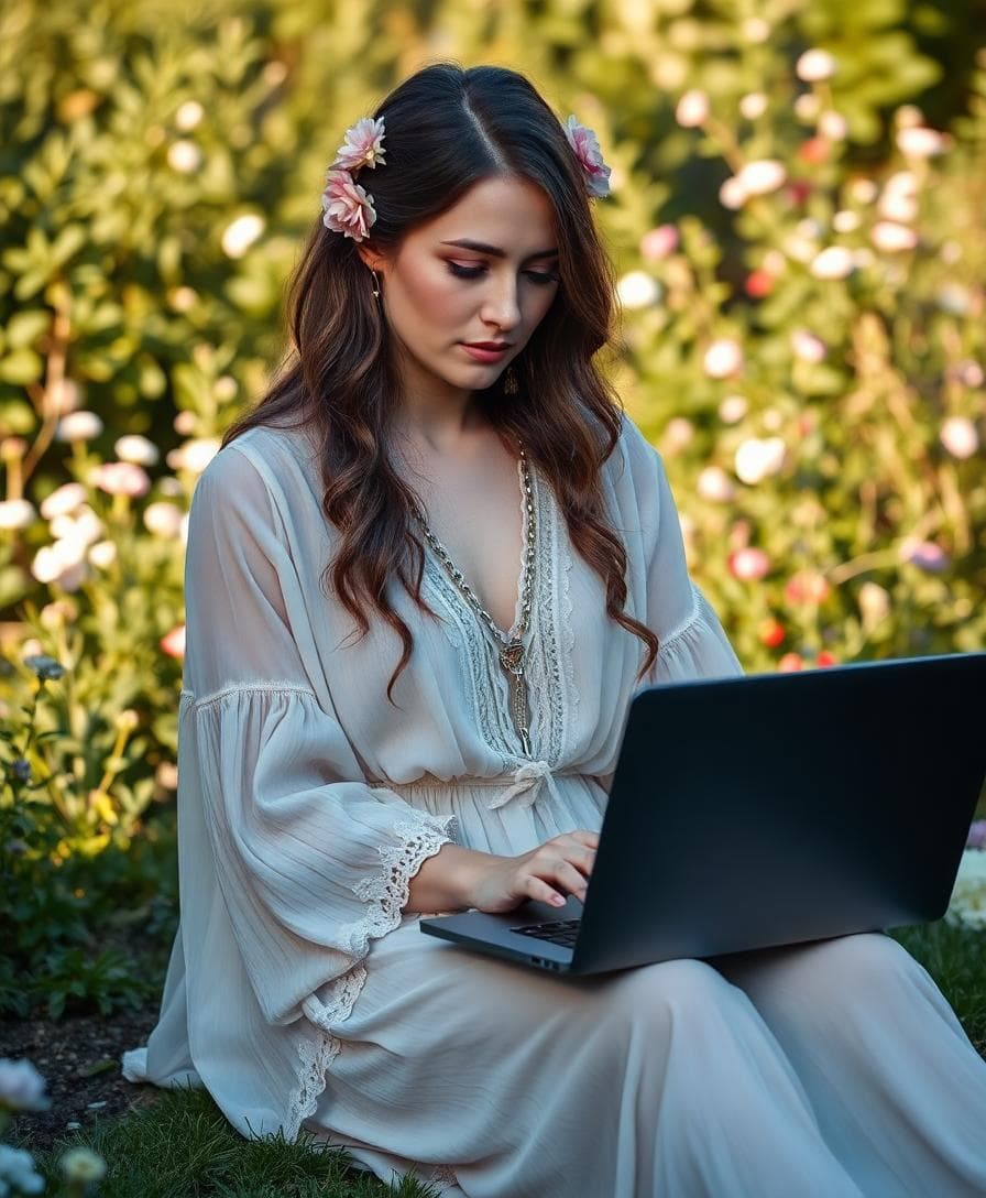 Jeune femme en robe bohème, assise dans un jardin fleuri avec un ordinateur portable, regard attentif vers l'écran, ambiance douce et réfléchie