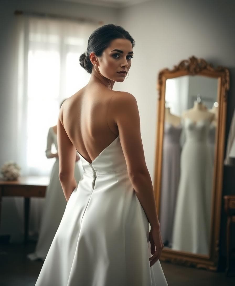 Mariée silhouette en H essayant une robe droite rigide, effet bloc, atelier de mariage avec miroirs et robes suspendues
