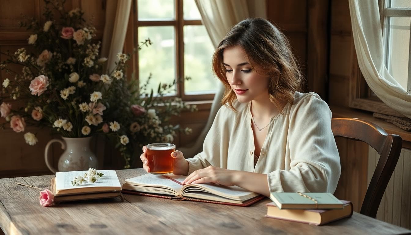 Une scène chaleureuse et empathique d'une jeune femme française, sœur d'un futur marié, assise à une table en bois rustique dans un cadre bohème avec des fleurs sauvages et des tissus fluides en arrière-plan, l'air pensive en consultant un carnet de notes sur les cadeaux de mariage, tenant une tasse de thé, lumière douce naturelle filtrant par une fenêtre, ambiance intime et réfléchie, style réaliste avec tons pastel et éléments naturels comme des livres ouverts et une enveloppe, portrait paysage