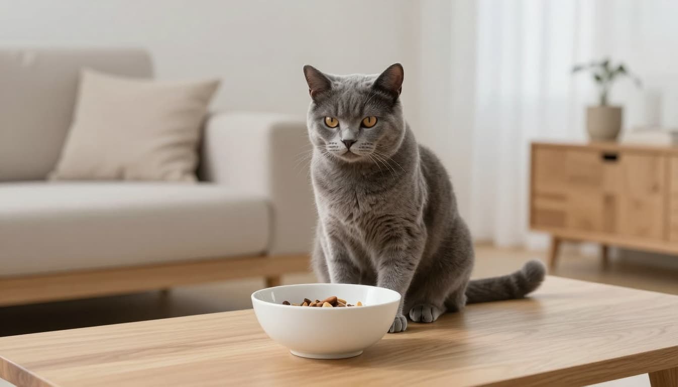 An elegant gray cat sits pensively beside an ignored bowl of food in a bright, modern Scandinavian living room with minimalist decor and cozy atmosphere.