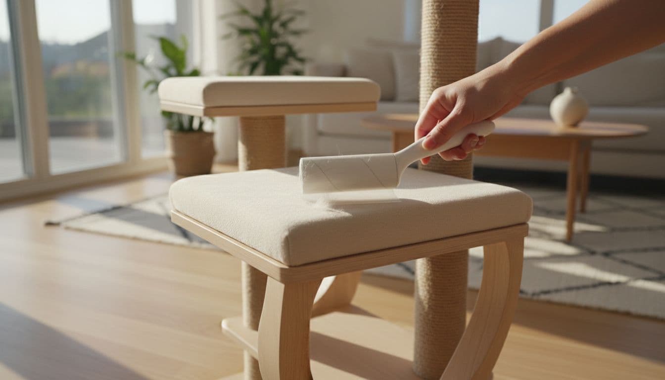 In a bright Scandinavian living room, a person uses a lint roller to remove cat hair from an elegant cat tree with sisal posts and cozy cushions.