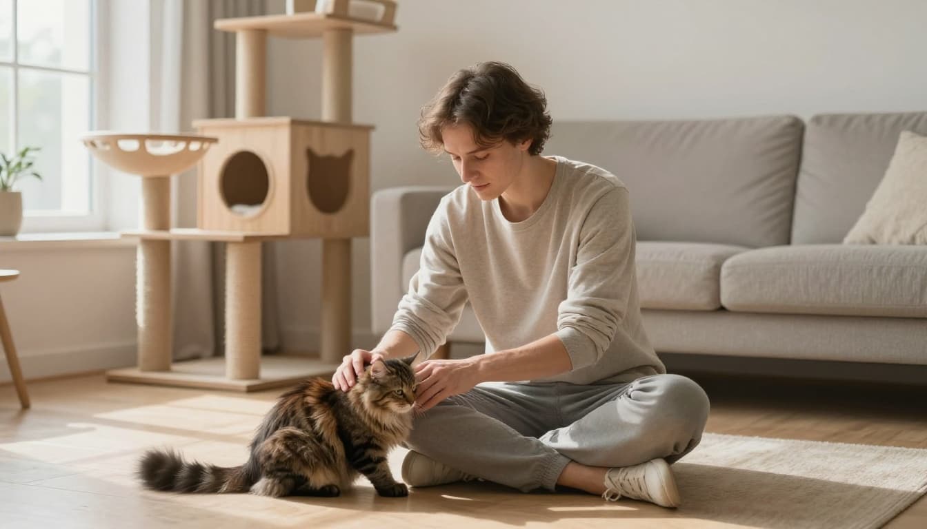 A trusted family member sits calmly on a light wood floor in a bright Scandinavian living room with minimalist decor, gently petting a relaxed fluffy tabby cat near a premium wooden cat tree. Warm natural light and neutral tones create a cozy, elegant atmosphere as the cat rubs affectionately against their leg.