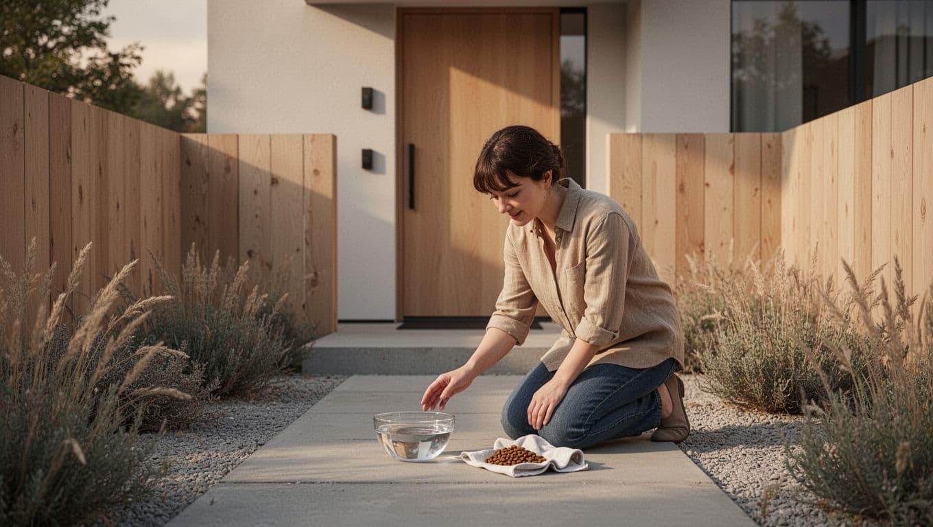 A person kneels to place a bowl of water, small amount of cat food, and a cloth with familiar home scent outside the front door of a cozy modern Scandinavian house in a minimalist garden under soft evening light.