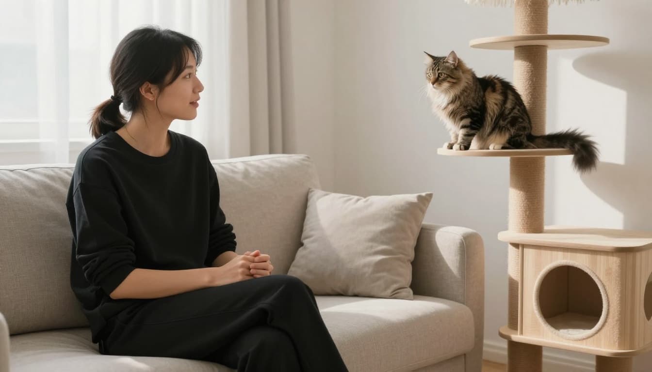 In a bright, minimalist Scandinavian living room with natural light and neutral tones, a person sits calmly on a beige sofa speaking softly to a fluffy tabby cat perched attentively on a premium wooden cat tree.