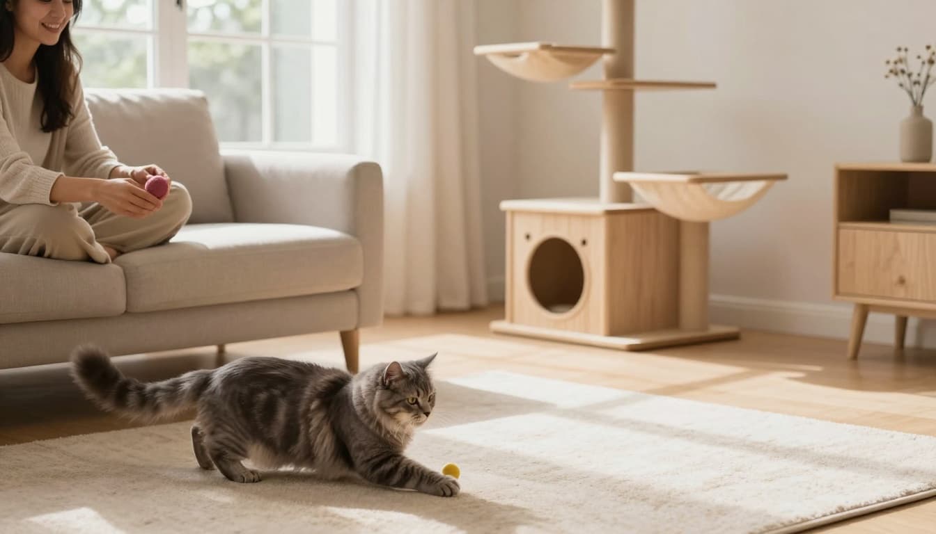 A relaxed person on a beige sofa in a bright Scandinavian living room tosses a colorful ball to a fluffy gray tabby cat on a soft rug, with a stylish Meowood cat tree in the background.