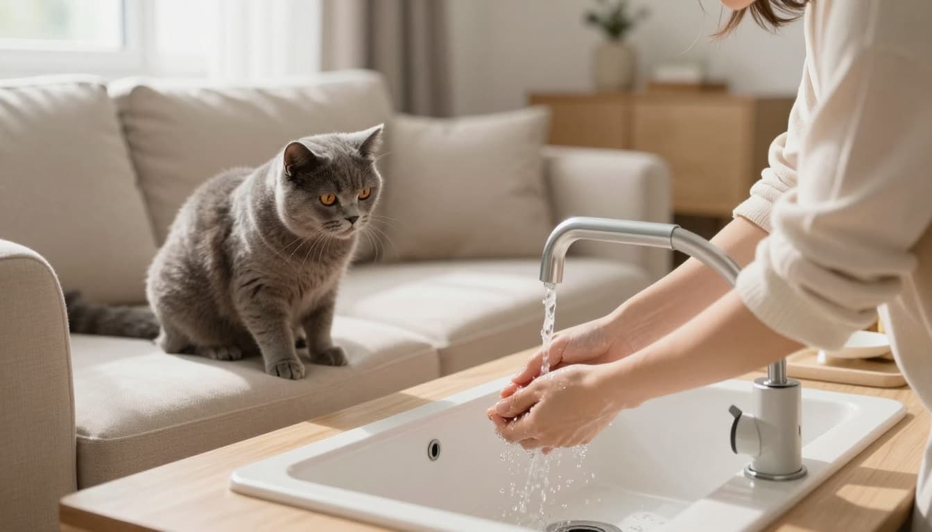 A person in a cozy Scandinavian living room with bright natural light and minimalist furniture gently washes their hands under a modern sink after their fluffy gray cat licks them, while the cat watches curiously from the sofa.