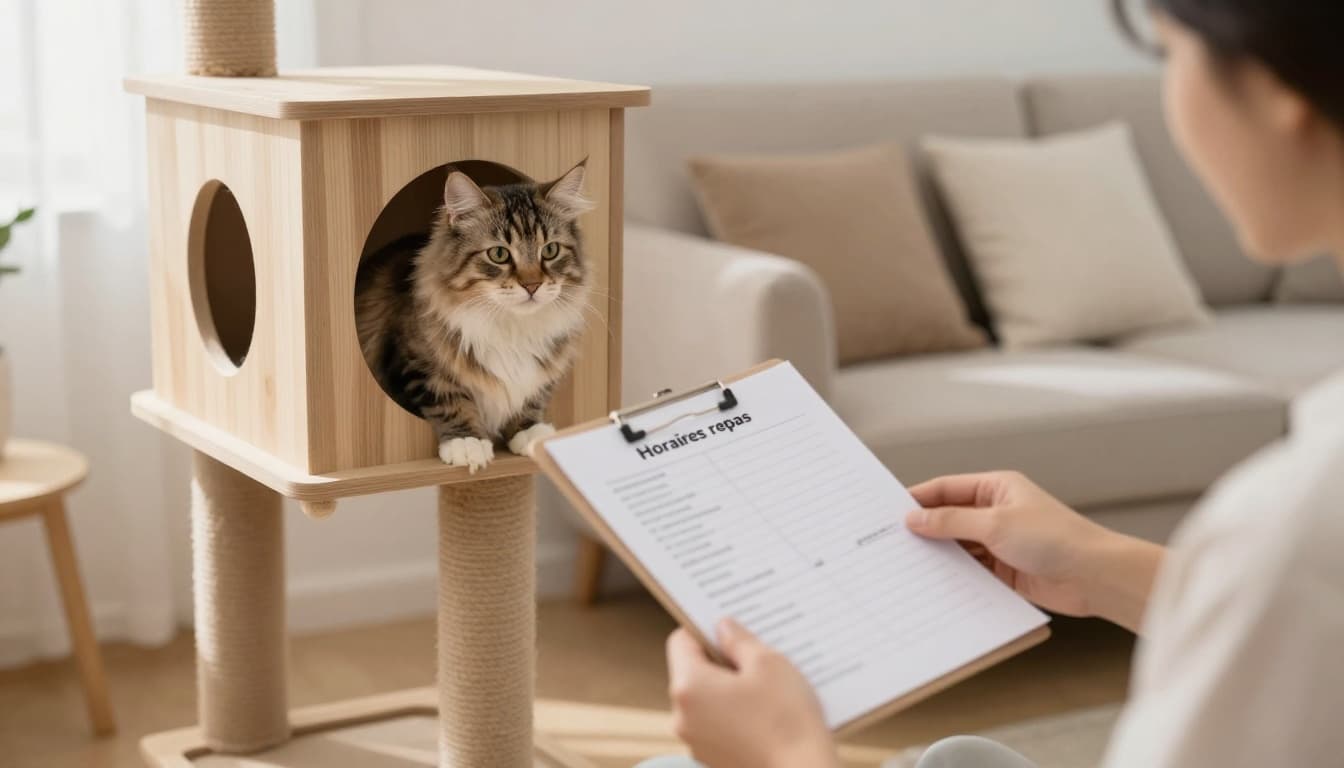 A person hands a printed checklist to a pet sitter while a fluffy tabby cat watches calmly from a Meowood cat tree platform in a bright Scandinavian living room. Light wood furniture, beige cushions, natural light, minimalist style.