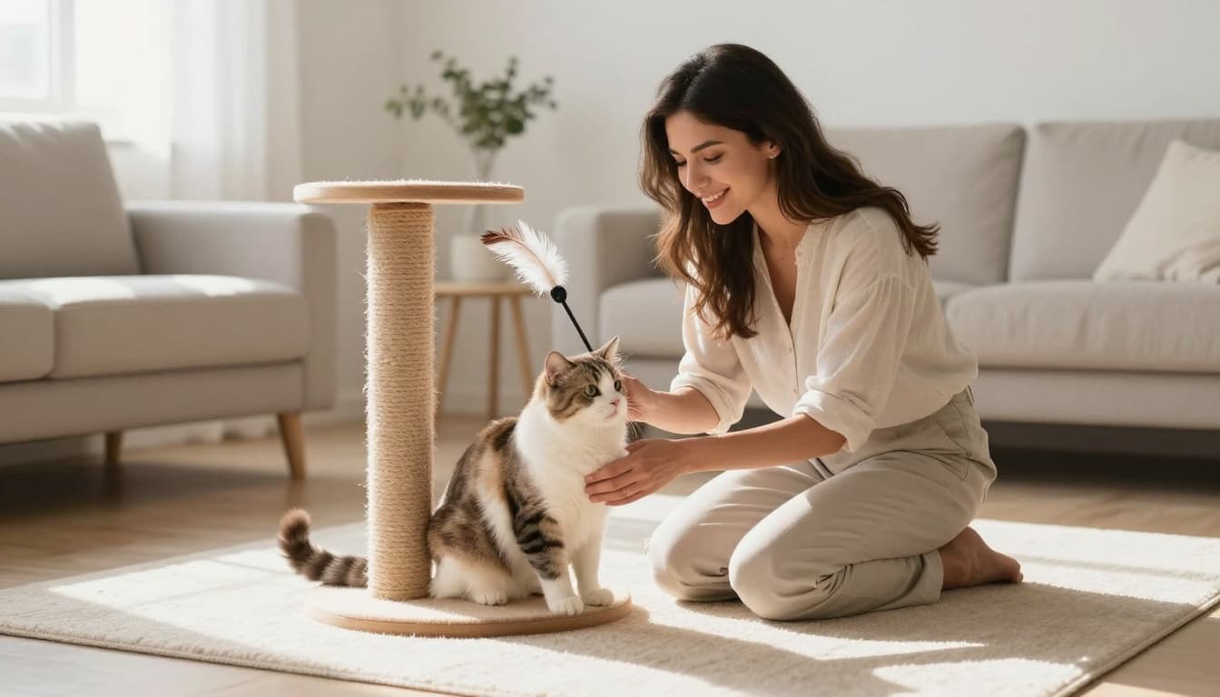 A friendly pet-sitter kneels and plays gently with an elegant adult cat using a feather wand on a scratching post in a bright Scandinavian living room with minimalist decor and natural light.