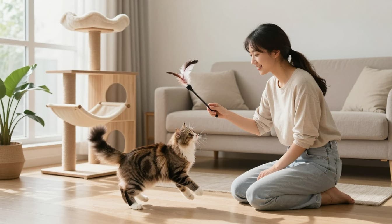 A friendly young woman pet-sitter in casual clothes kneels on a light wood floor, playfully teasing a fluffy tabby cat with a feather toy wand as the cat jumps excitedly. Nearby stands a premium wooden cat tree in a bright Scandinavian living room with minimalist decor, natural light, and cozy neutral tones.