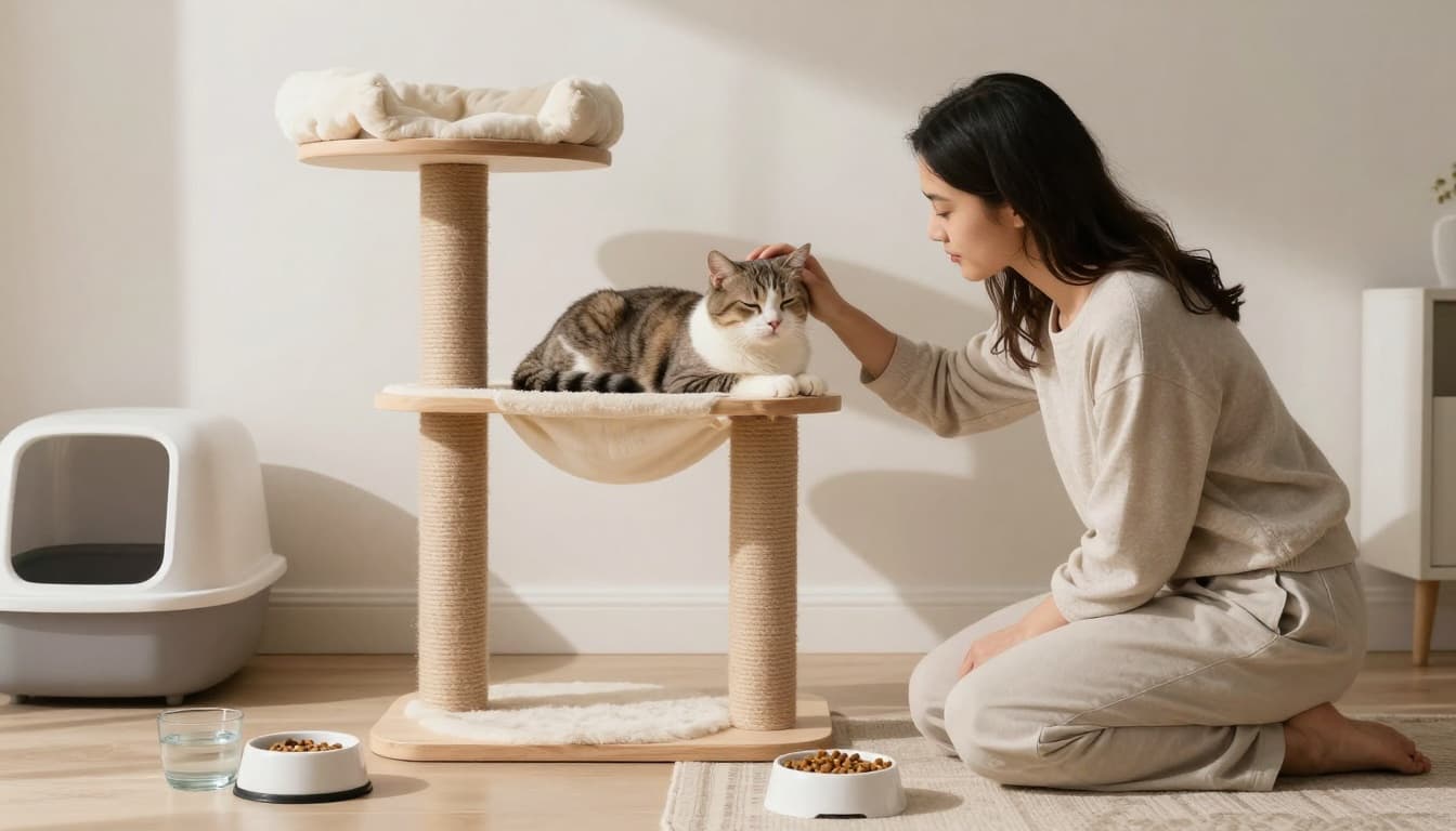 In a bright Scandinavian living room with minimalist decor and neutral tones, a friendly pet-sitter kneels gently stroking a content adult cat perched on a light wood cat tree with hammock and perches. Nearby fresh water bowls, a clean litter box, and kibble bowl create a serene and reassuring atmosphere of home comfort.