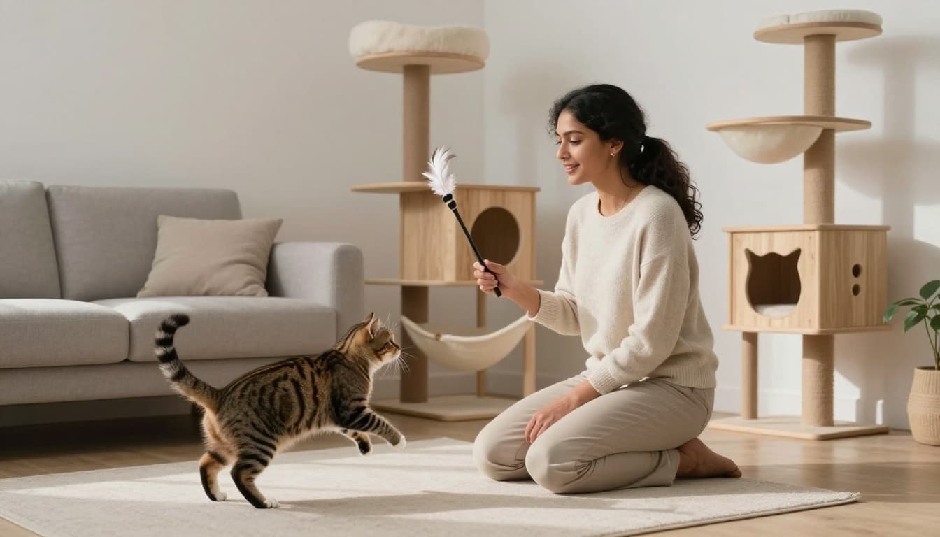 A professional pet-sitter in comfortable attire kneels on the floor of a minimalist Scandinavian living room, engaging a curious tabby cat with a feather wand toy near a premium wooden cat tree.
