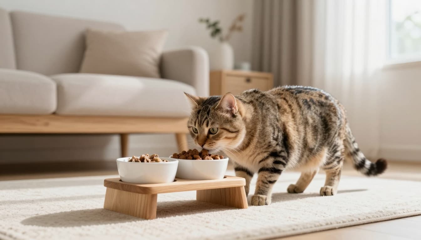 A cat sniffs but turns away uninterested from a full food bowl on a wooden stand in a bright, minimalist Scandinavian modern living room with soft natural sunlight and neutral palette.