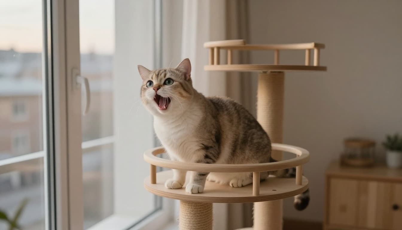 A wide-eyed domestic cat meows plaintively from a premium wooden cat tree near a large window in a bright, minimalist Scandinavian living room during evening with cozy fading light.