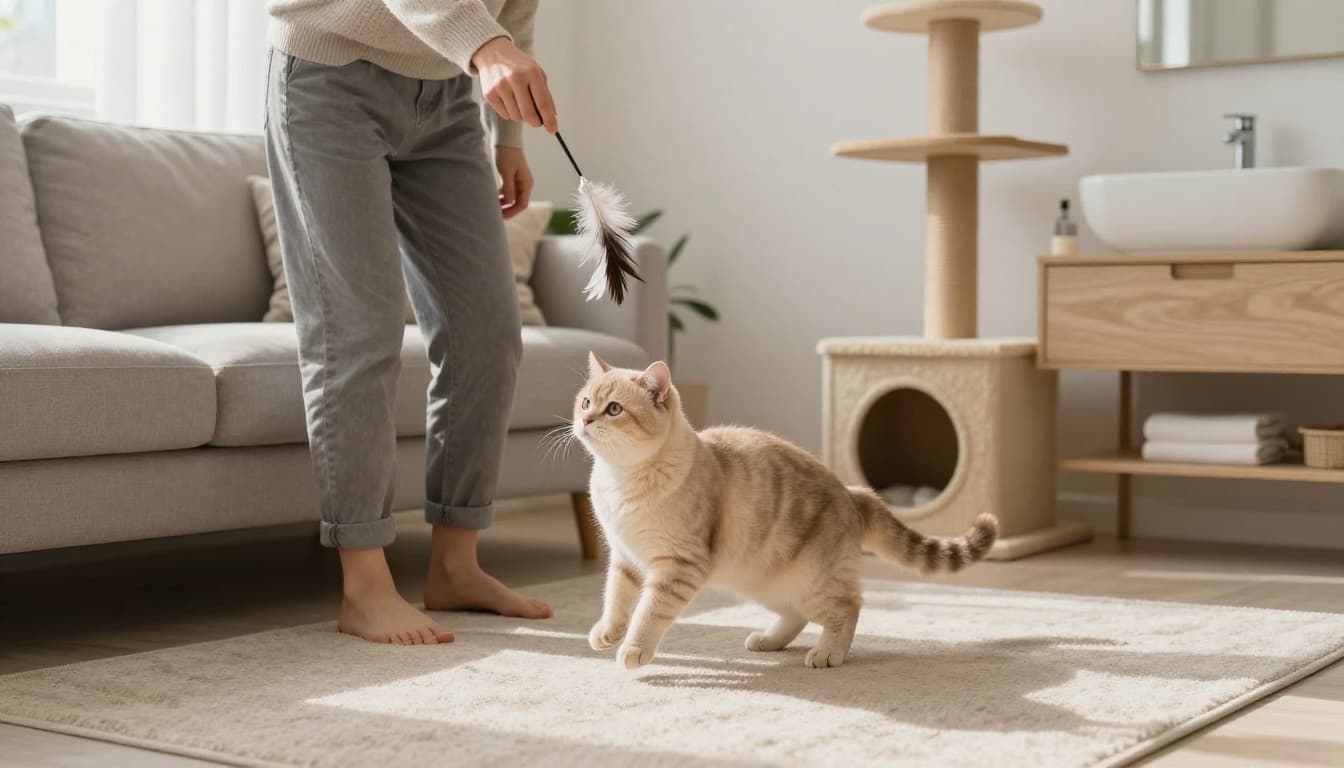 A person gently plays with a playful beige cat using a feather toy in a sunlit modern Scandinavian living room, with the cat jumping energetically on a soft rug near a cat tree. The scene captures natural joy in warm neutral tones, light wood furniture, and cozy minimalist decor.
