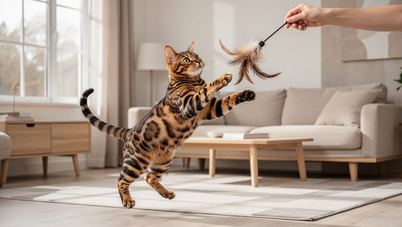 A vibrant Bengal cat with rosette patterns gracefully leaps towards a feather toy in a bright modern Scandinavian living room, showcasing its athletic build and curious expression amid minimalist furniture and soft natural light.