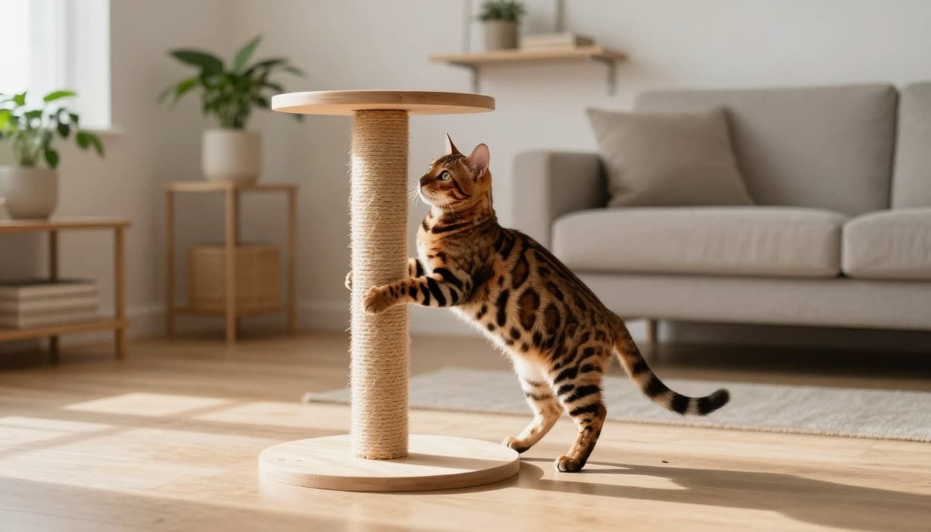 An exotic Bengal cat plays energetically on a stylish scratching post in a modern Scandinavian living room filled with bright natural light, featuring light wood floors, minimalist shelves with green plants, and neutral beige and grey tones for a warm cozy feel.