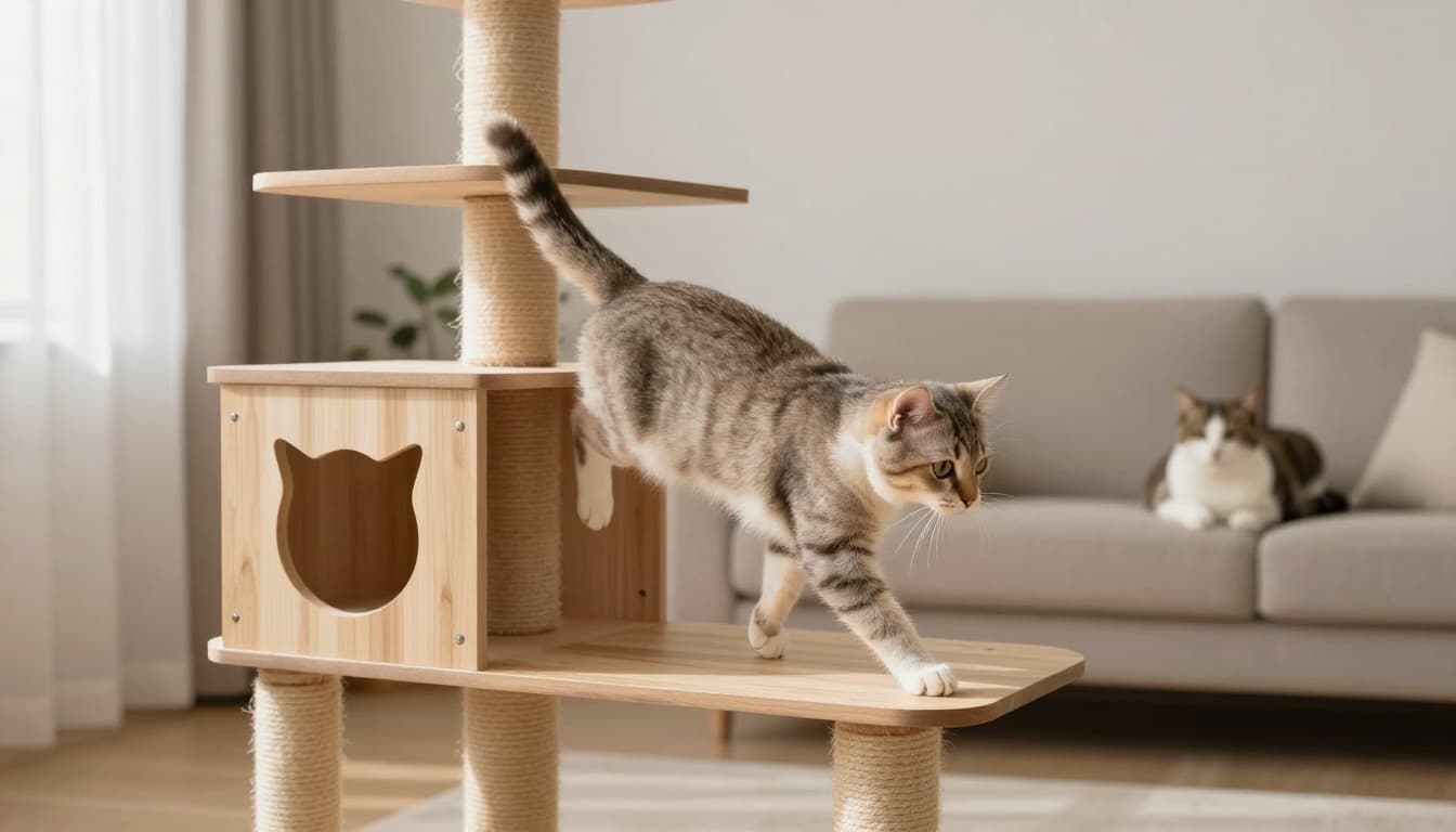 A sleek adult cat energetically climbs and plays on a stylish solid wood cat tree in a bright, minimalist Scandinavian living room with neutral tones and natural light. Another cat lounges relaxed on the sofa in the background, creating an elegant and dynamic atmosphere.