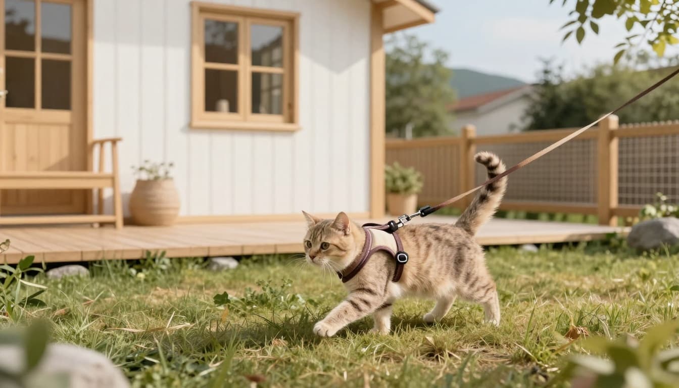 A playful domestic cat wears a comfortable harness and leash while safely exploring a fenced garden adjacent to a bright Scandinavian house with natural light and minimalist decor. Premium lifestyle photography captures the warm atmosphere and secure play environment.