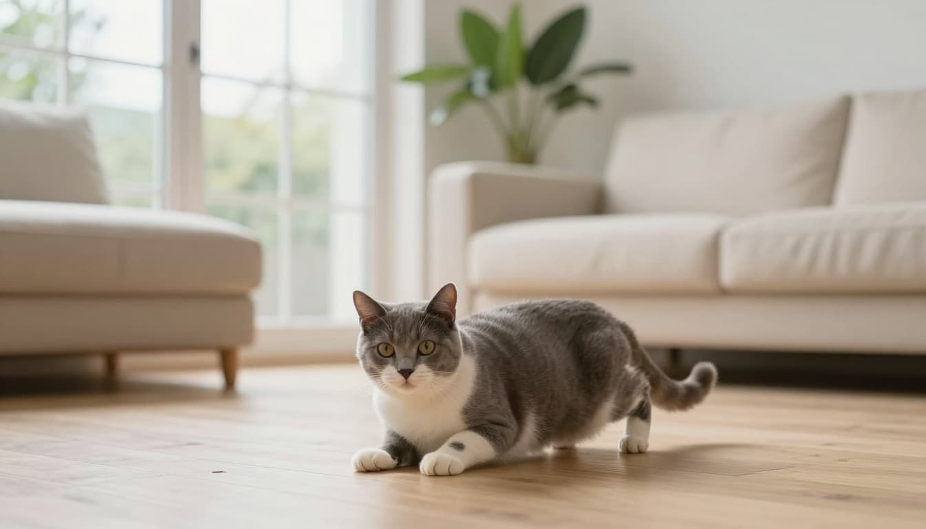 A domestic female cat in heat joyfully rolls on a light wooden floor in a bright Scandinavian living room with abundant natural light, minimalist beige sofa, green plants, and cozy neutral tones.