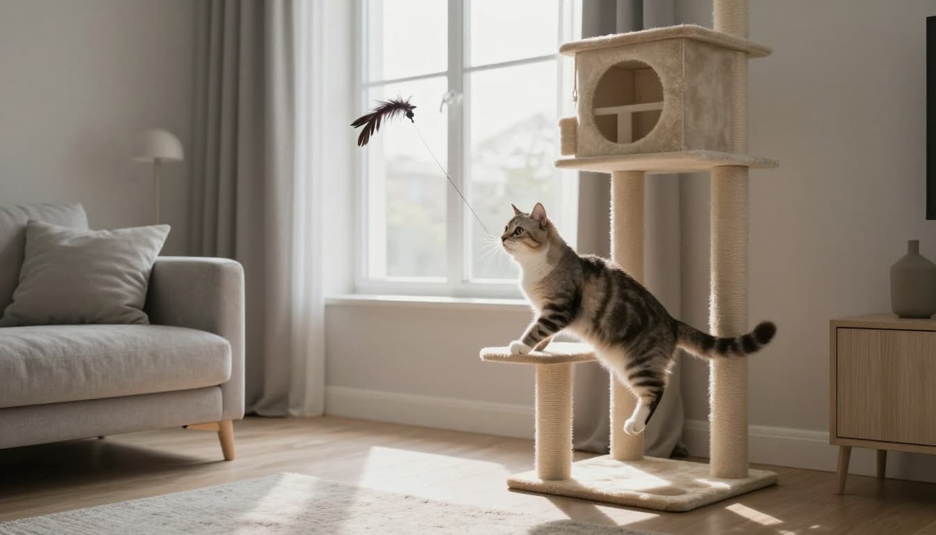 In a cozy Scandinavian living room with neutral tones and soft natural light, a playful energetic cat jumps with a feather toy on a premium cat tree near the window, highlighting active play.