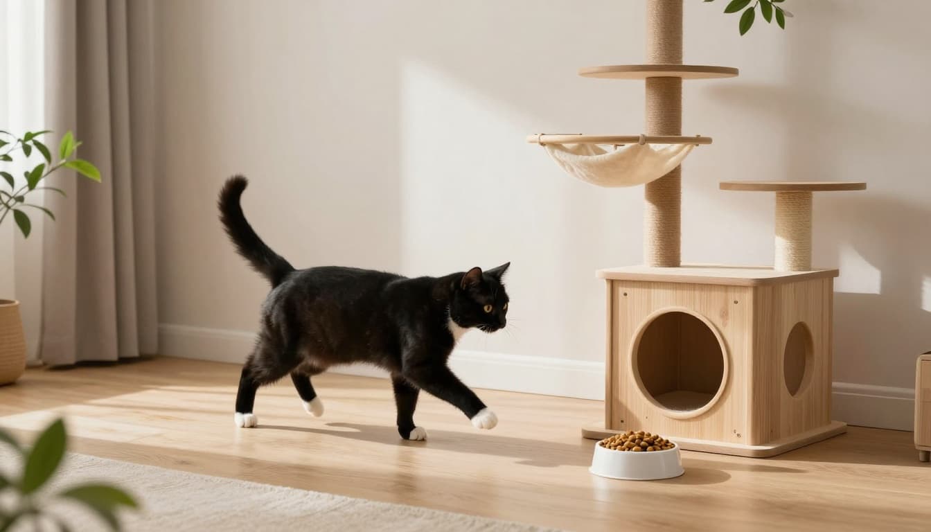 In a modern Scandinavian living room with soft natural light, an energetic young shorthair cat jumps playfully towards a luxurious wooden Meowood cat tree, with a bowl of kibble nearby.