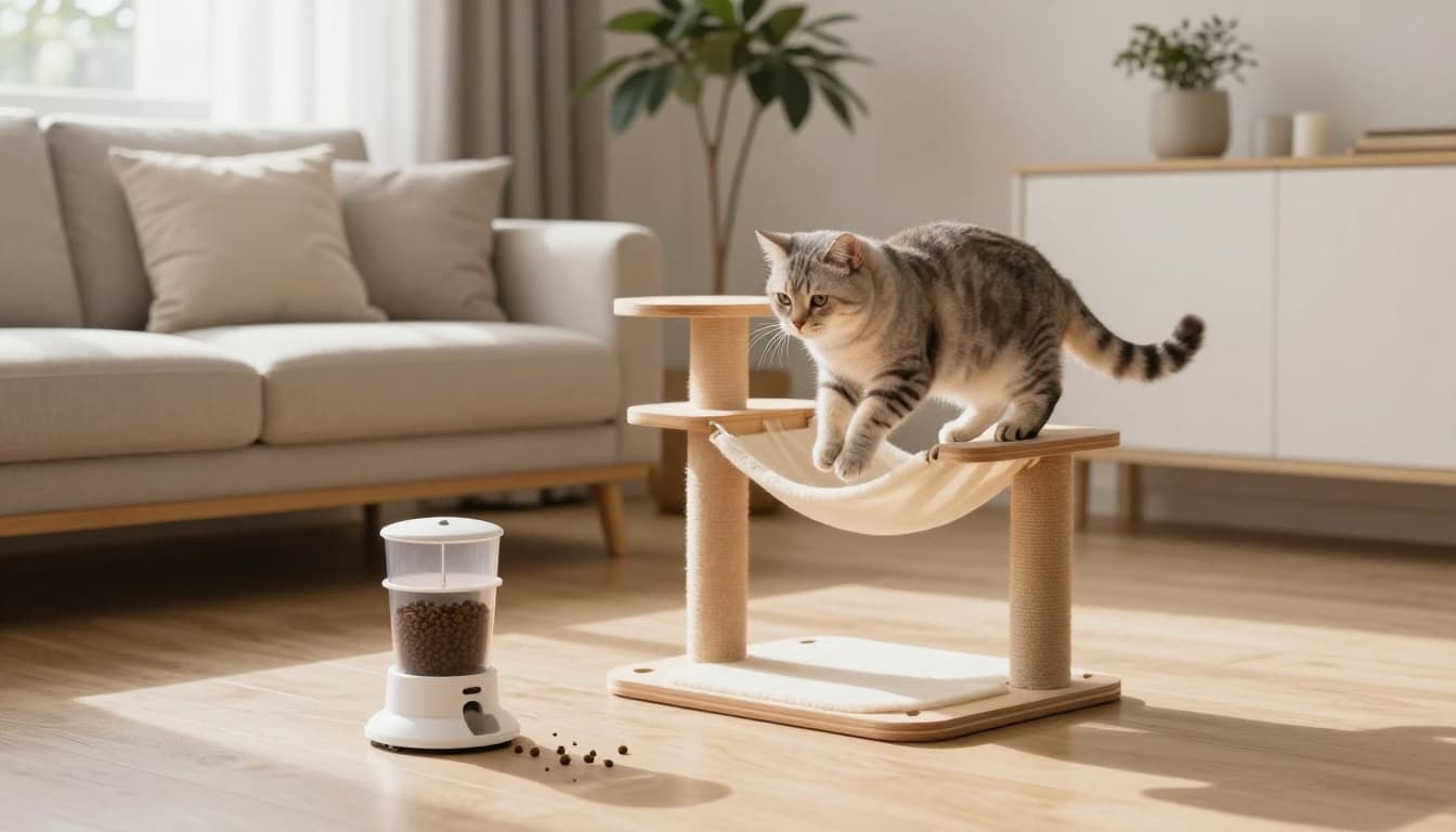 An active domestic cat jumps onto a stylish minimalist wooden cat tree with platforms and hammock in a modern Scandinavian living room, with a puzzle feeder toy on the light oak floor nearby.