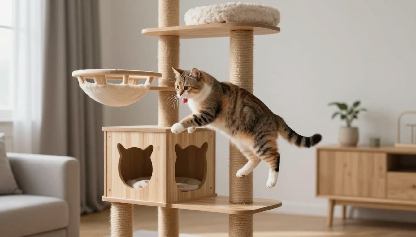 A playful female cat energetically climbs and plays on a premium wooden cat tree, mid-jump with a toy in its mouth, set in a luminous minimalist Scandinavian living room with natural daylight.