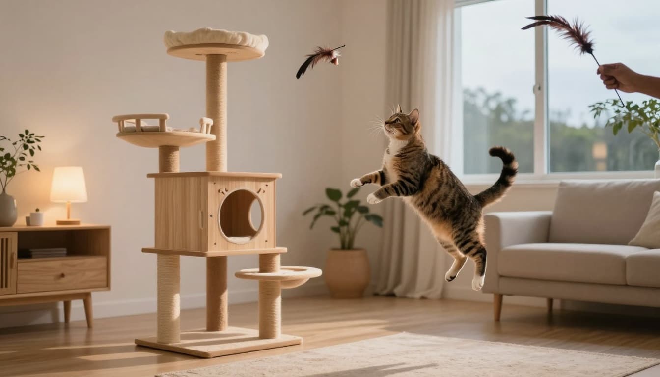 An energetic adult cat leaps playfully towards a feather wand toy in a bright modern Scandinavian living room, with an elegant light wood cat tree nearby.