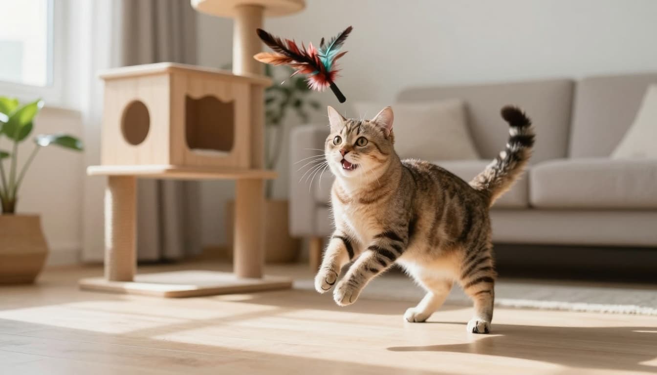 An energetic female domestic shorthair cat joyfully pounces on a colorful feather wand toy in a bright Scandinavian living room with minimalist decor and a light wood cat tree.