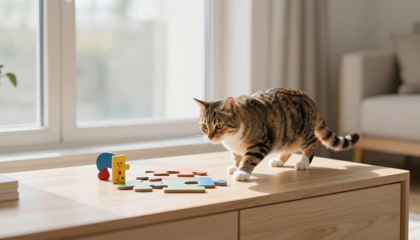A curious cat actively plays with toys and a food puzzle near a window in a bright Scandinavian living room featuring minimalist decor, light wood, neutral tones, natural light, and a warm engaging atmosphere.