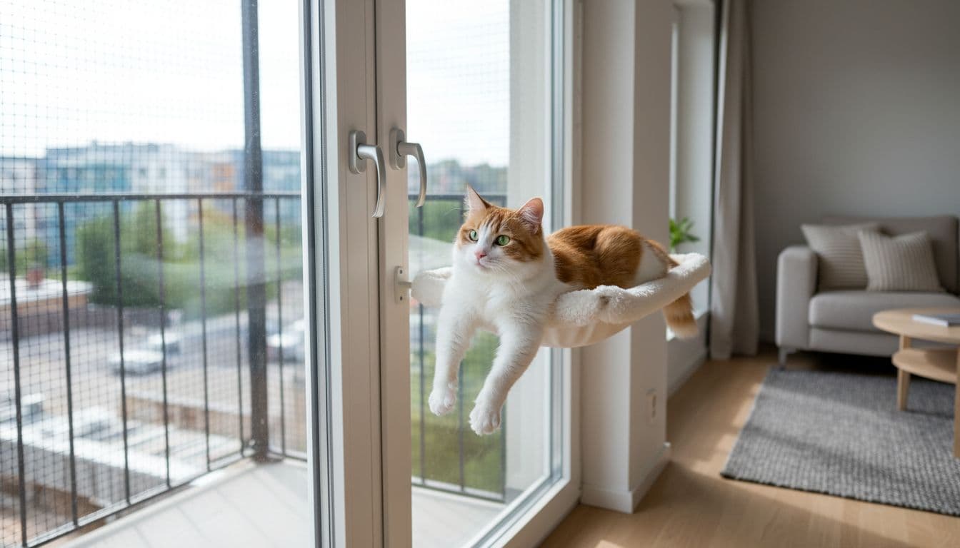 A playful domestic cat lounges safely on a window hammock in a modern Scandinavian apartment with protective balcony netting and locked windows. The cozy minimalist living room features light wood furniture and neutral tones, filled with natural light.