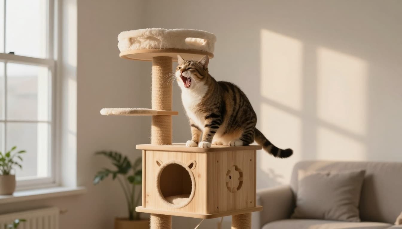 A playful adult cat stretches and yawns energetically at dawn on a high perch of a premium light wood cat tree in a bright minimalist Scandinavian living room with soft golden morning light.