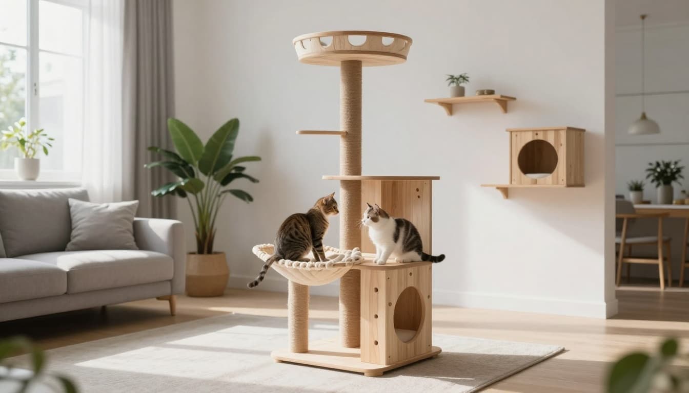 Spacious modern Scandinavian living room bathed in natural light, featuring two playful cats interacting on a wooden cat tree with platforms and shelves, minimalist decor, cozy sofa, and plants.