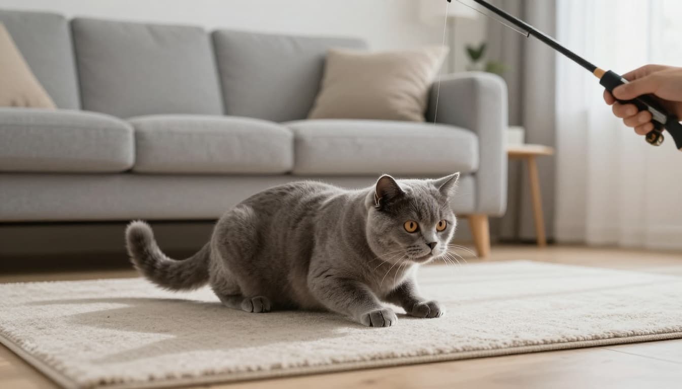 In a modern Scandinavian living room with bright natural light, a fluffy grey cat crouches low in play posture on the beige rug, eyes fixed on a blurred fishing rod toy held by a person, tail twitching with excitement.
