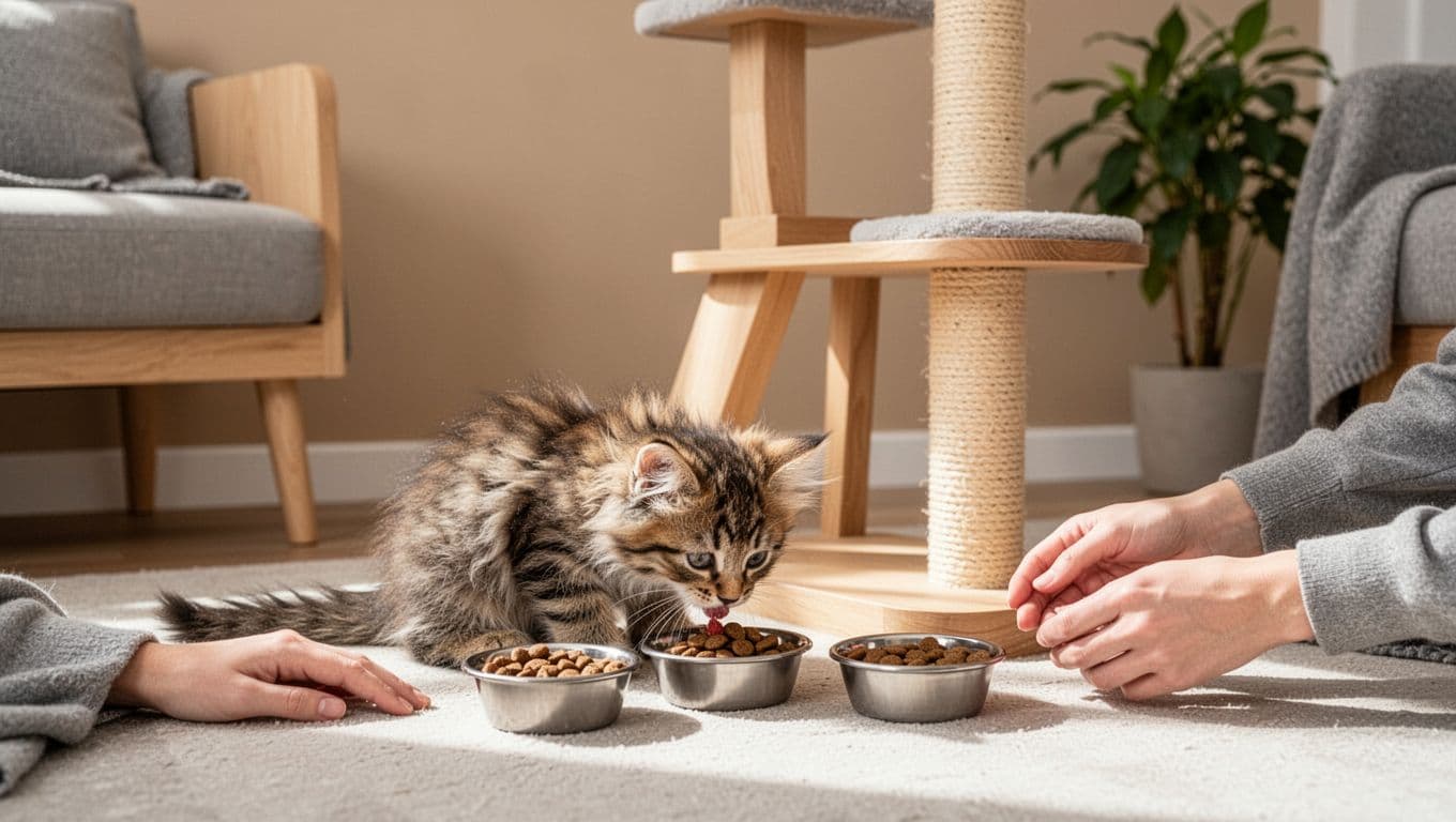 A playful kitten with fluffy fur eats from one of three small bowls beside a wooden cat tree in a bright, minimalist Scandinavian interior with natural daylight and soft shadows.
