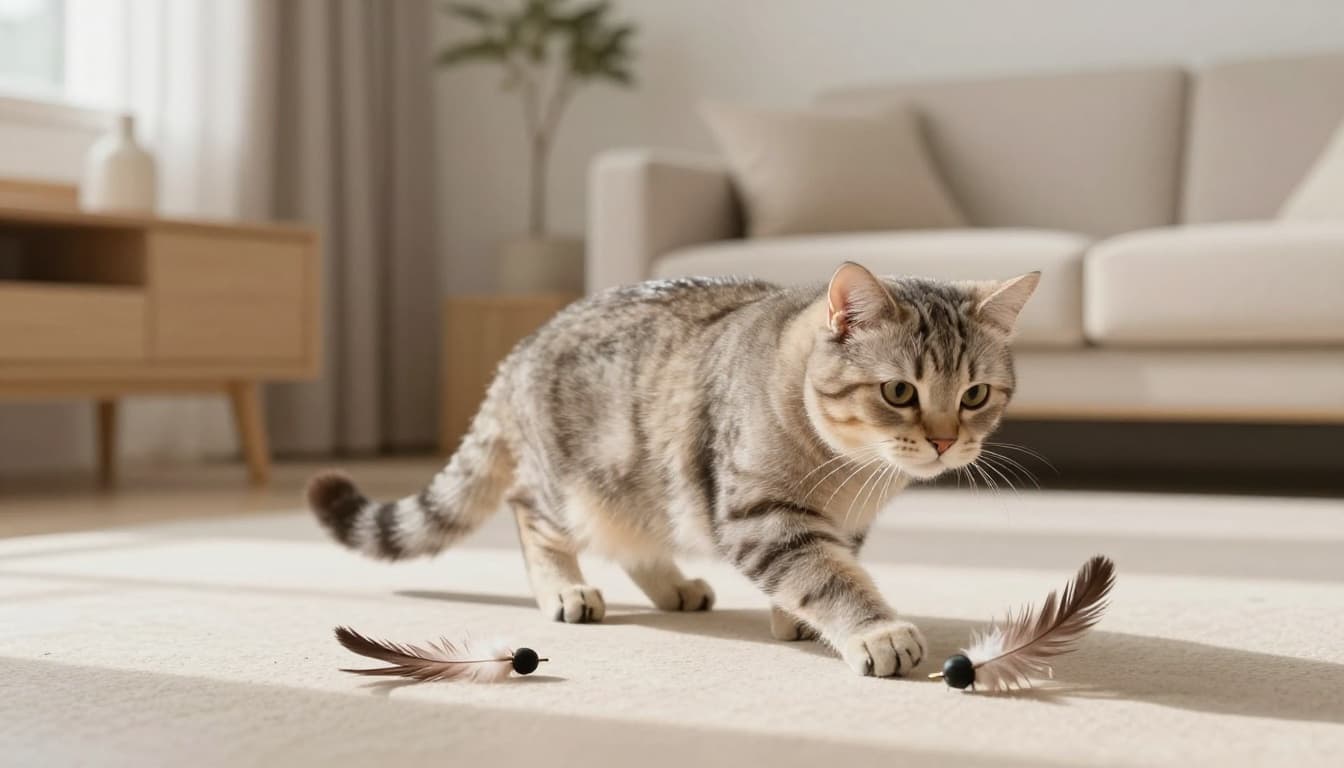 A playful fluffy tabby cat in low crouching posture ready to pounce near a feather toy on the floor in a bright modern Scandinavian living room with minimalist decor and natural sunlight.