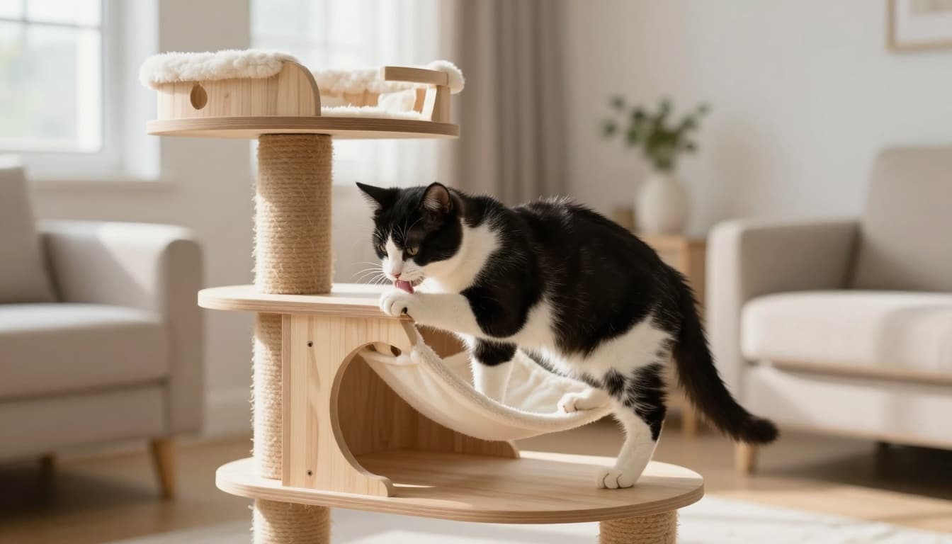 A playful fluffy black and white kitten climbs and licks its paw on a stylish solid wood cat tree with platforms and hammock, placed in a bright Scandinavian living room near a beige armchair.