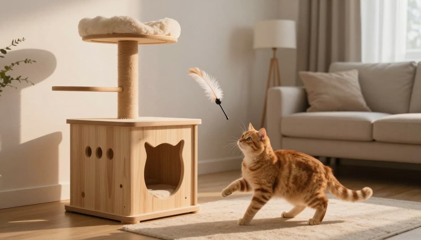 A playful ginger cat engages in an evening play session chasing a feather toy wand near a stylish light wooden cat tree in a bright modern Scandinavian living room with golden evening light streaming in.