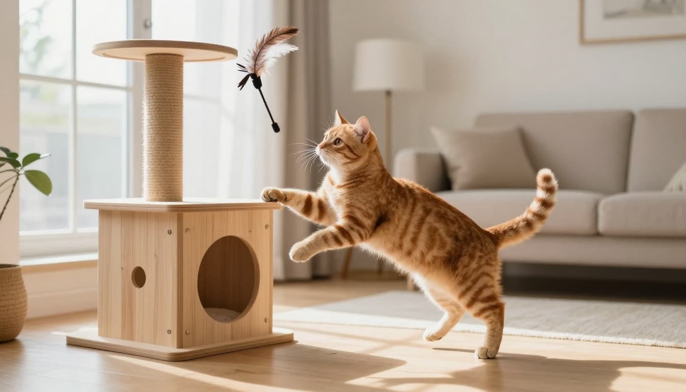 An active slim ginger tabby cat leaps playfully with a feather wand toy beside a natural wood cat tree in a bright minimalist Scandinavian living room.