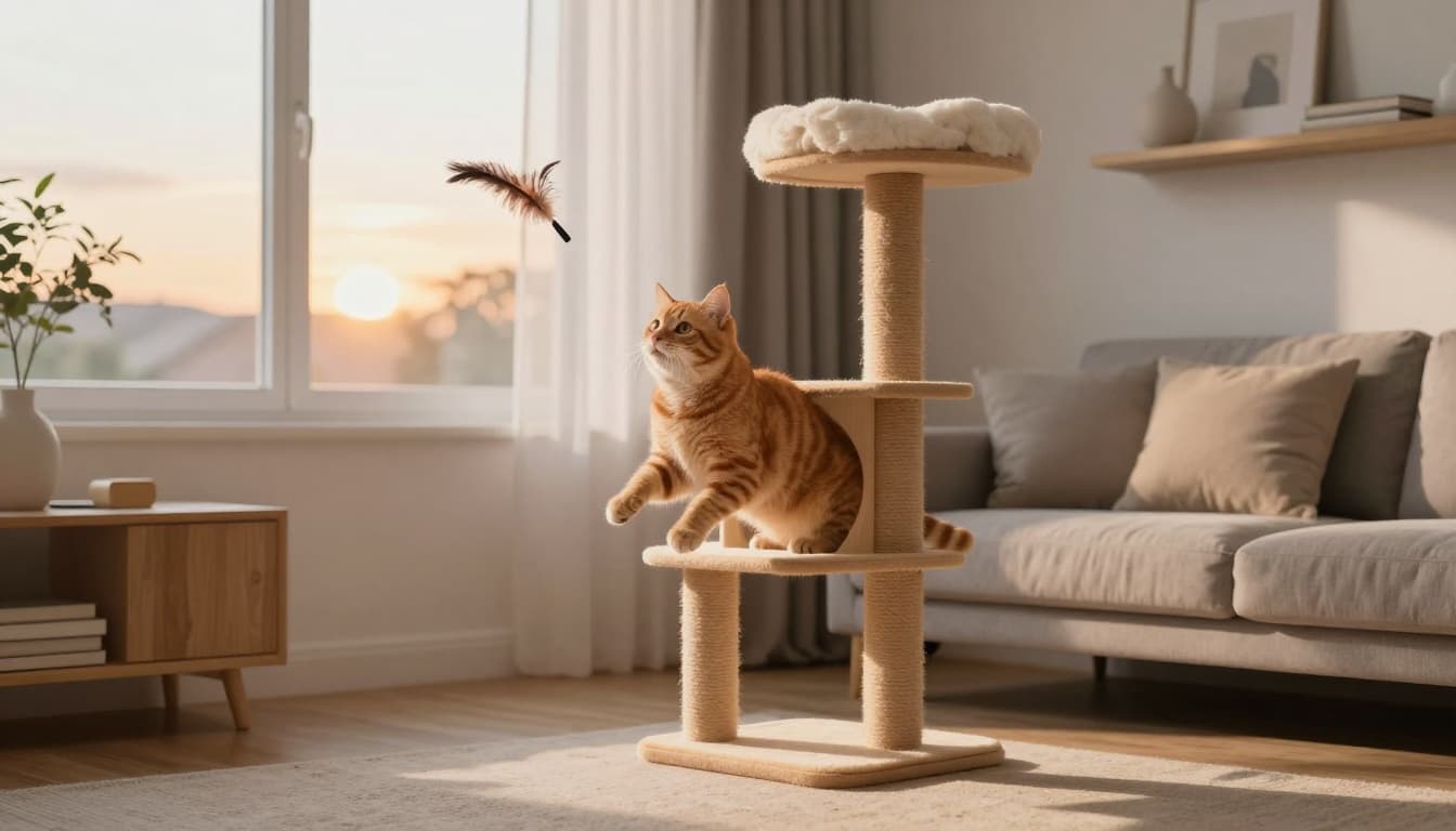 A playful ginger tabby cat energetically leaps towards a feather toy near a wooden cat tree in a cozy Scandinavian living room illuminated by golden evening light.