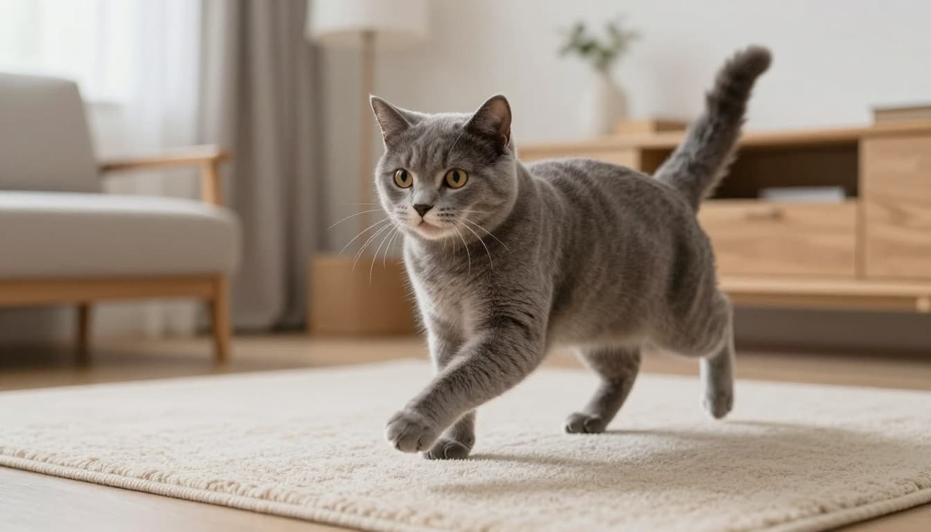 A young gray indoor cat joyfully leaps at moving bare feet in a bright Scandinavian living room, simulating a playful hunt with gentle paw grabs and a relaxed body. Modern interior with light wood furniture, soft beige rug, and abundant natural light creates a warm, elegant atmosphere in premium realistic lifestyle photography.