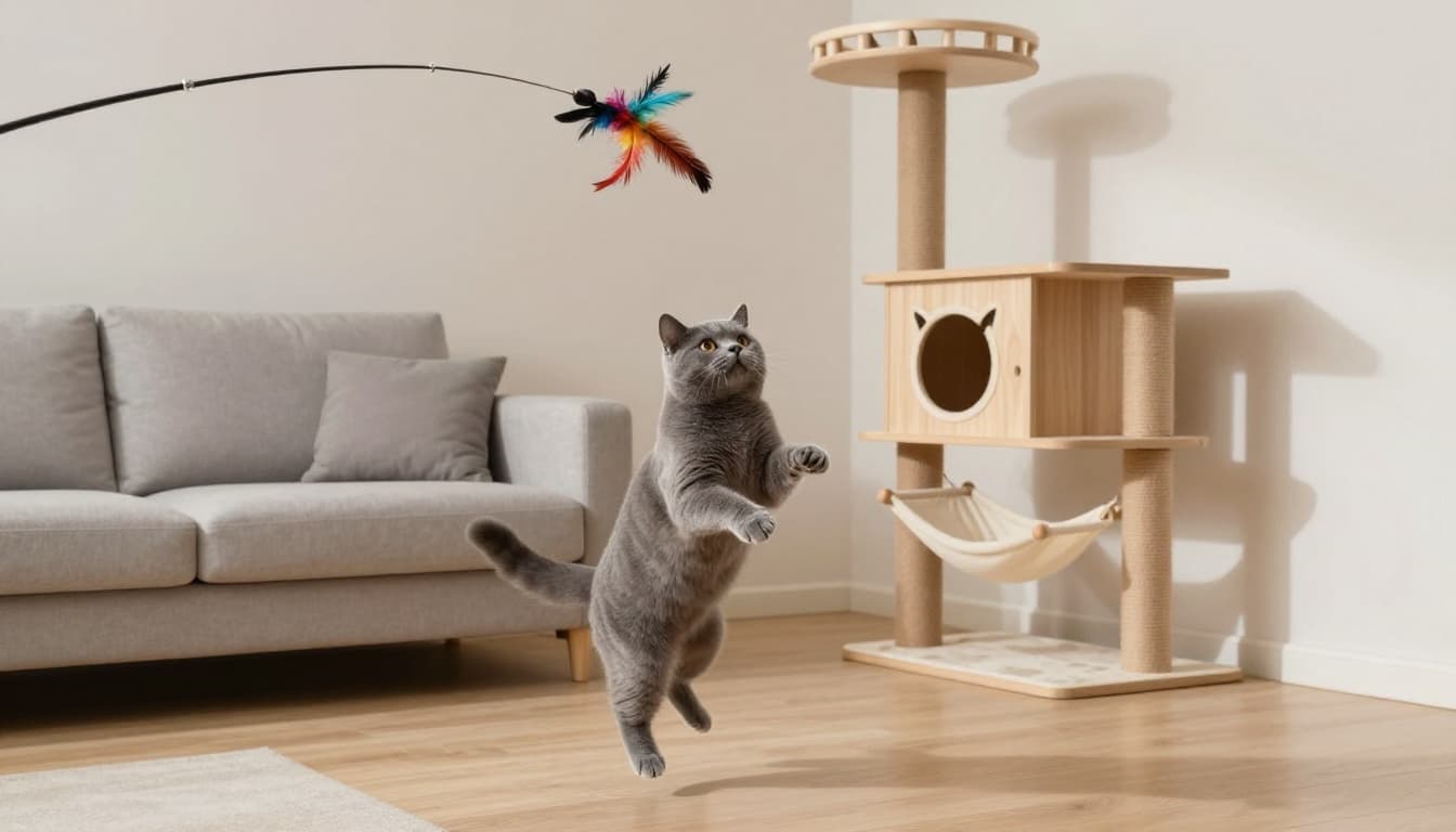 A playful gray shorthair cat joyfully pounces mid-jump on a colorful feather toy attached to a fishing rod wand in a modern Scandinavian living room near a stylish wooden cat tree.