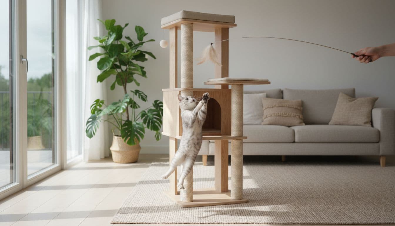 A playful light gray tabby cat energetically chases a feather toy on a fishing rod, leaping towards a premium wooden cat tree in a bright Scandinavian living room with minimalist decor.