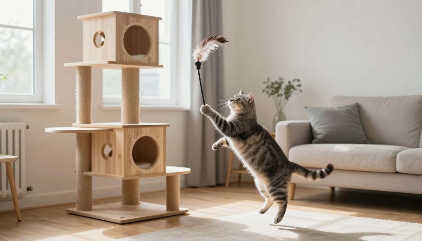 An elegant gray tabby cat plays energetically with a feather wand toy, jumping playfully in a bright Scandinavian living room near a sturdy natural wood cat tree.