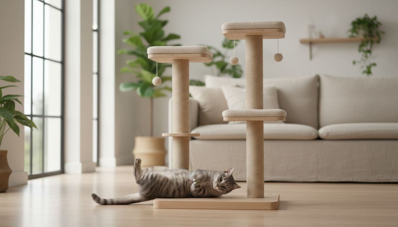 A light gray female tabby cat rolls playfully on a light wood floor, rubbing her body against a premium solid wooden cat tree in a bright Scandinavian living room with minimalist decor and soft natural light.