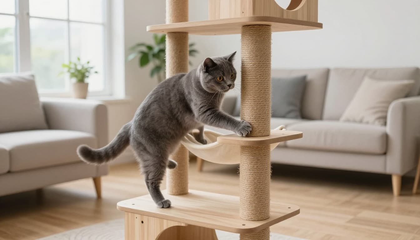 A playful grey fluffy cat climbs and scratches on a premium solid wood multi-level cat tree elegantly integrated into a modern Scandinavian living room with bright natural light and cozy atmosphere.