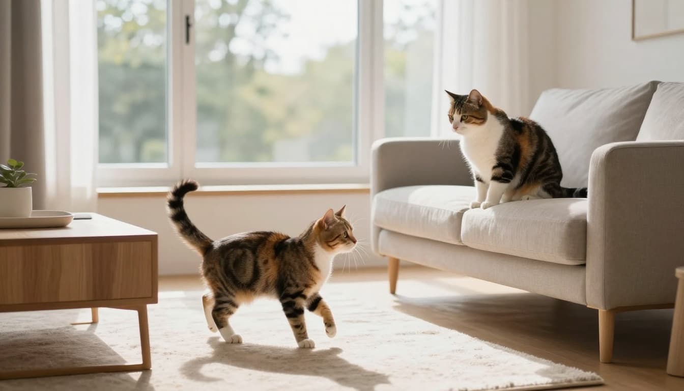 A playful kitten and a calm adult cat play together in a modern Scandinavian living room with abundant natural light, minimalist light wood furniture, and neutral tones creating a warm, cozy atmosphere.