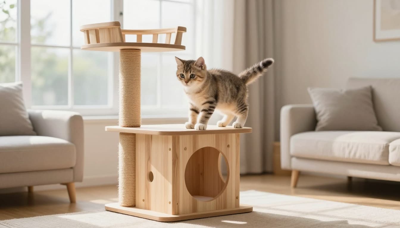 A curious young kitten energetically climbs and jumps on a stable premium light wood cat tree with sisal scratching posts in a bright Scandinavian living room with natural light and minimalist beige decor.